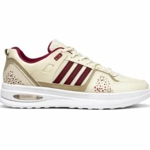 Men’s premium cream and maroon casual sports sneakers with air cushion sole on white background Men's Cream & Maroon Sneakers